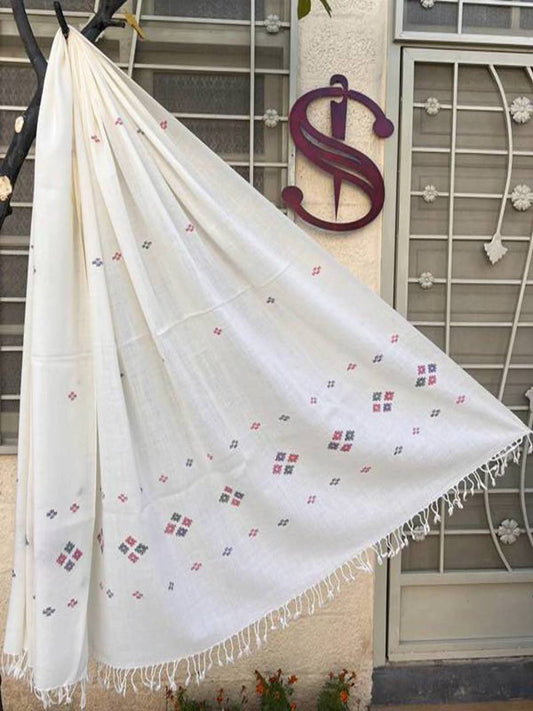 KKW06 | Ladies White Khaddi Embroidery Swati Woolen Shawl