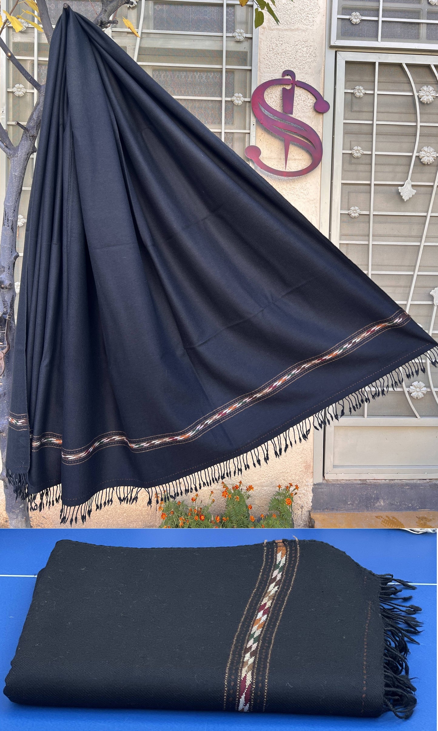 Black Swati Saidaar Handmade Woolen Shawl | Pure Wool | 48PW02