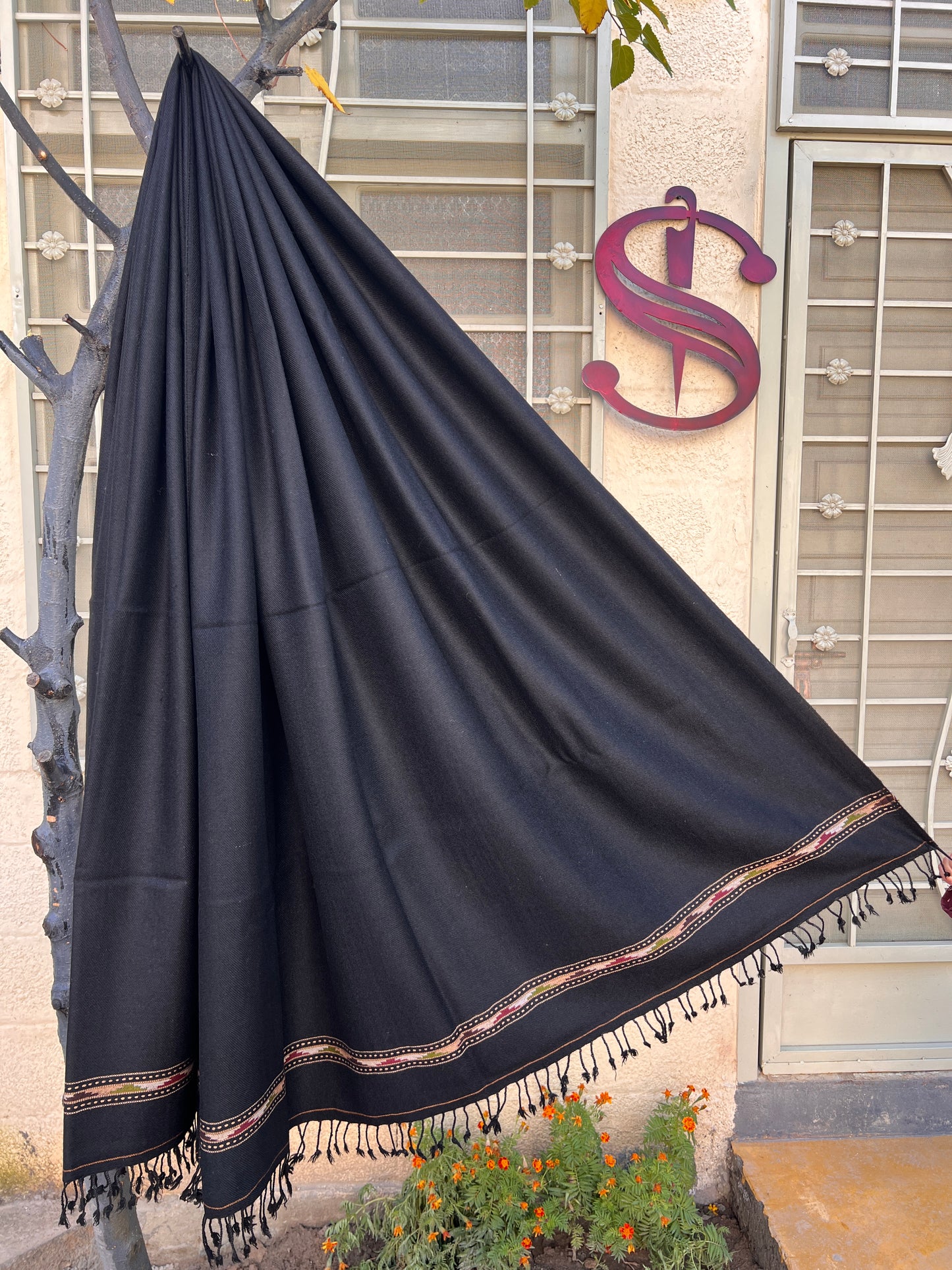 Swati Male Black Saidaar Shawls - 48 Wool double - Wide Border