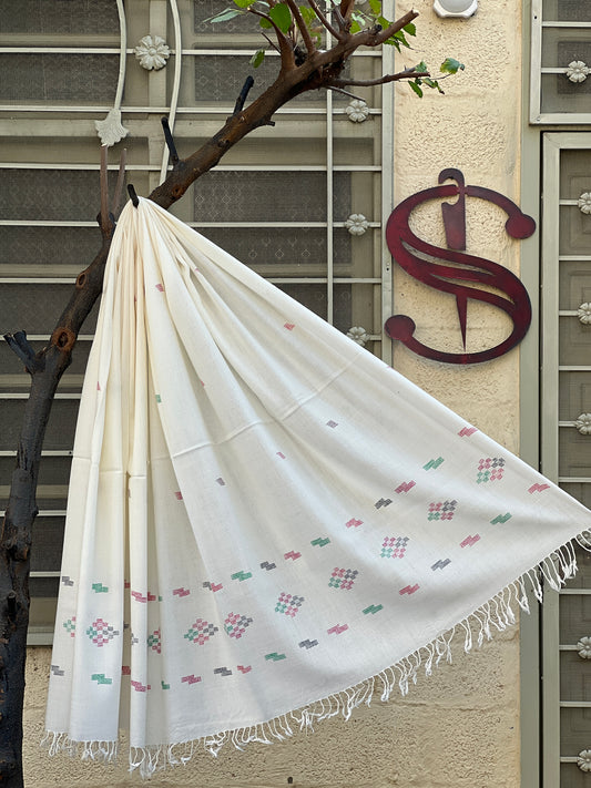 KKW01 | Ladies White Khaddi Embroidery Swati Woolen Shawl